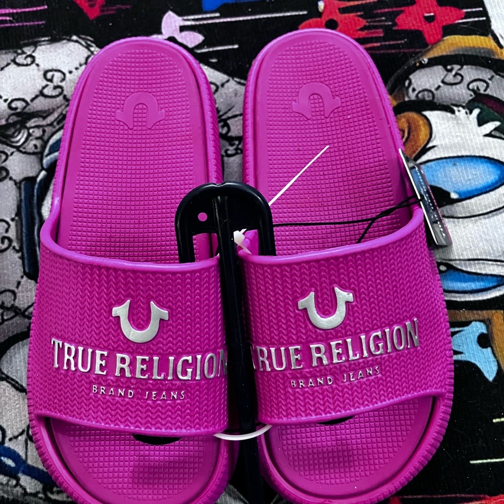 True Religion Pink Slide Sandals with Logo